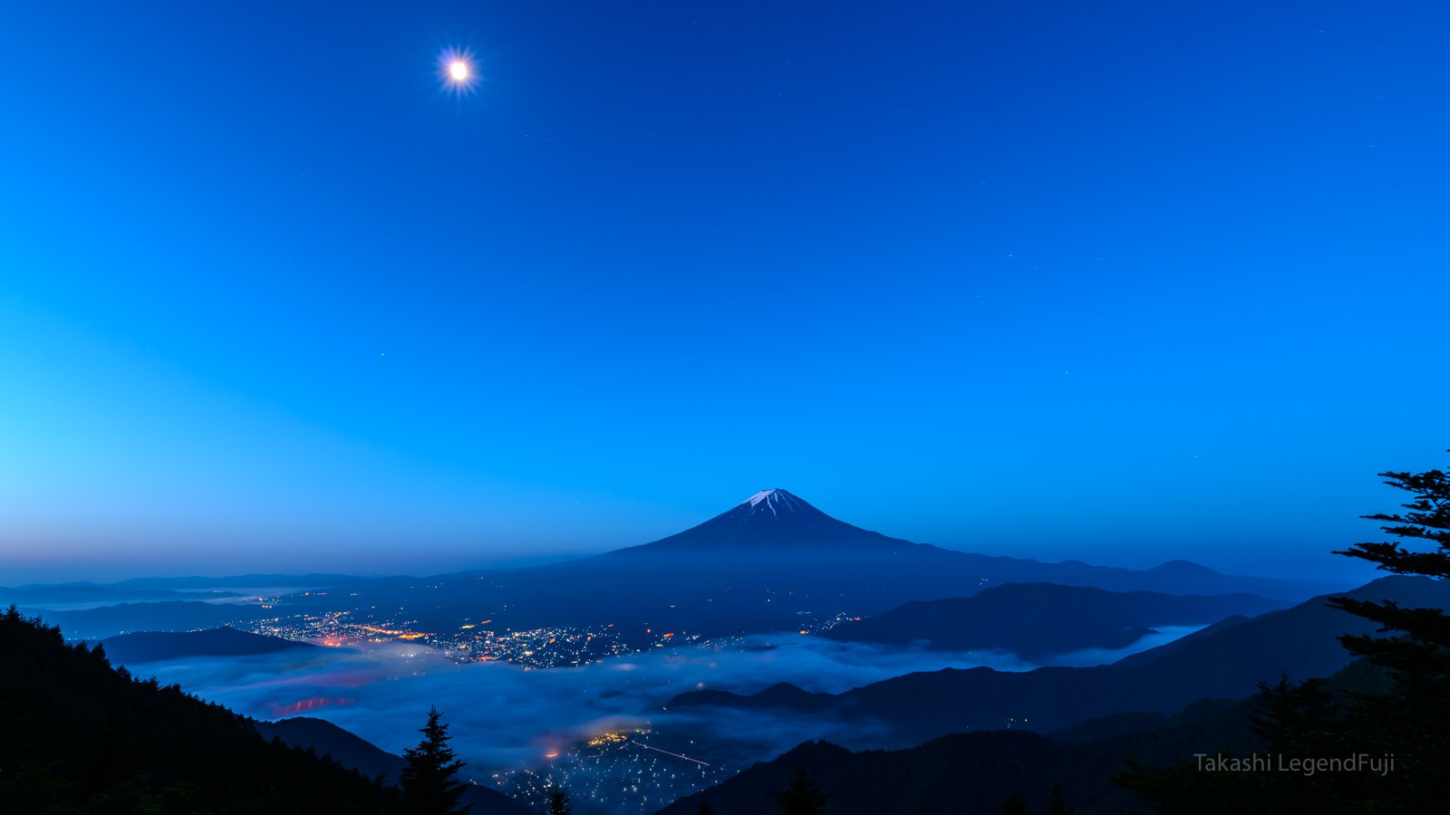 Fuji,mountain,Japan,cloud,moon,luna,sky,blue,lake,light,, Takashi