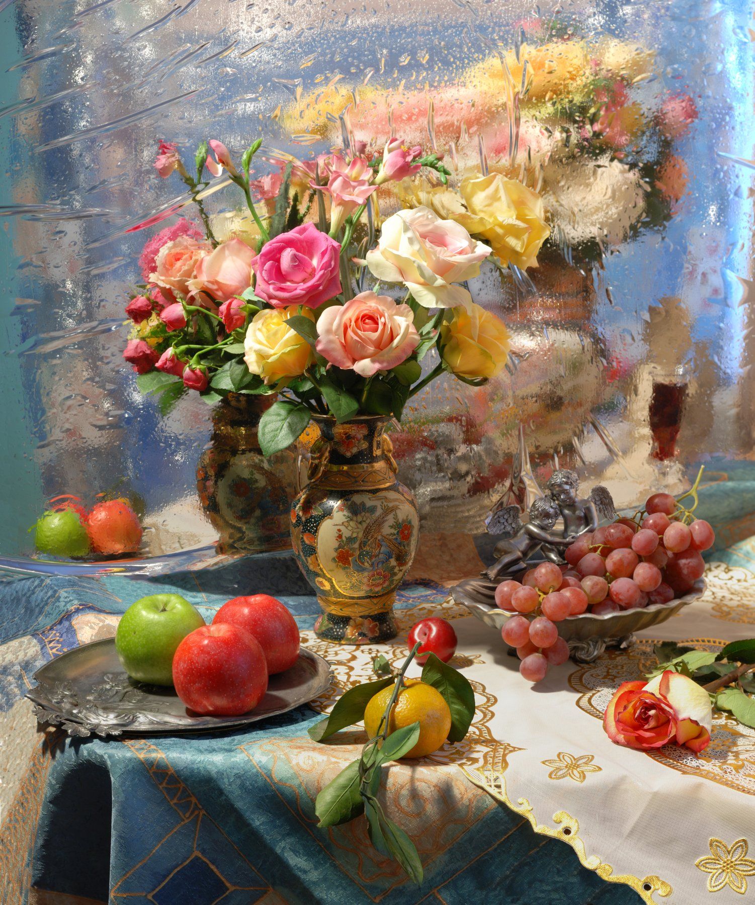 цветы, виноград, яблоки, отражение, Андрей Морозов