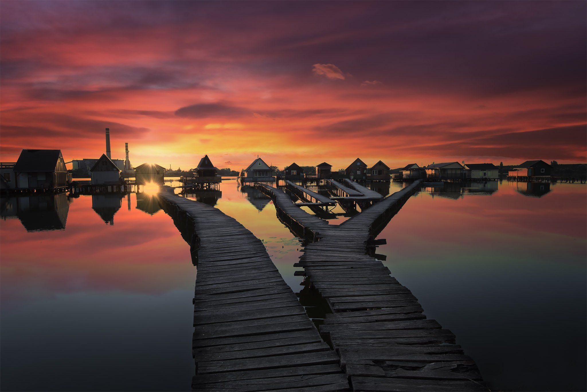 lake, huts in water, sunset, water, clouds, colors, reflections, Atanas Donev