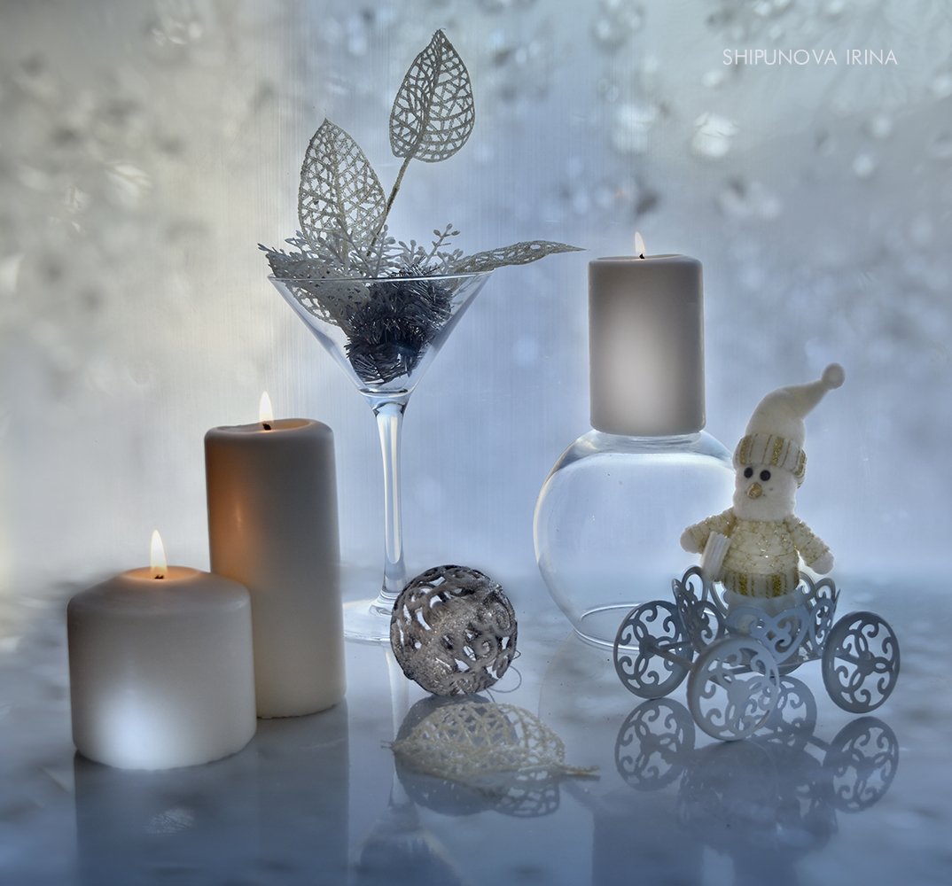 свечи бокал листья снеговичок отражение, Шипунова Ирина