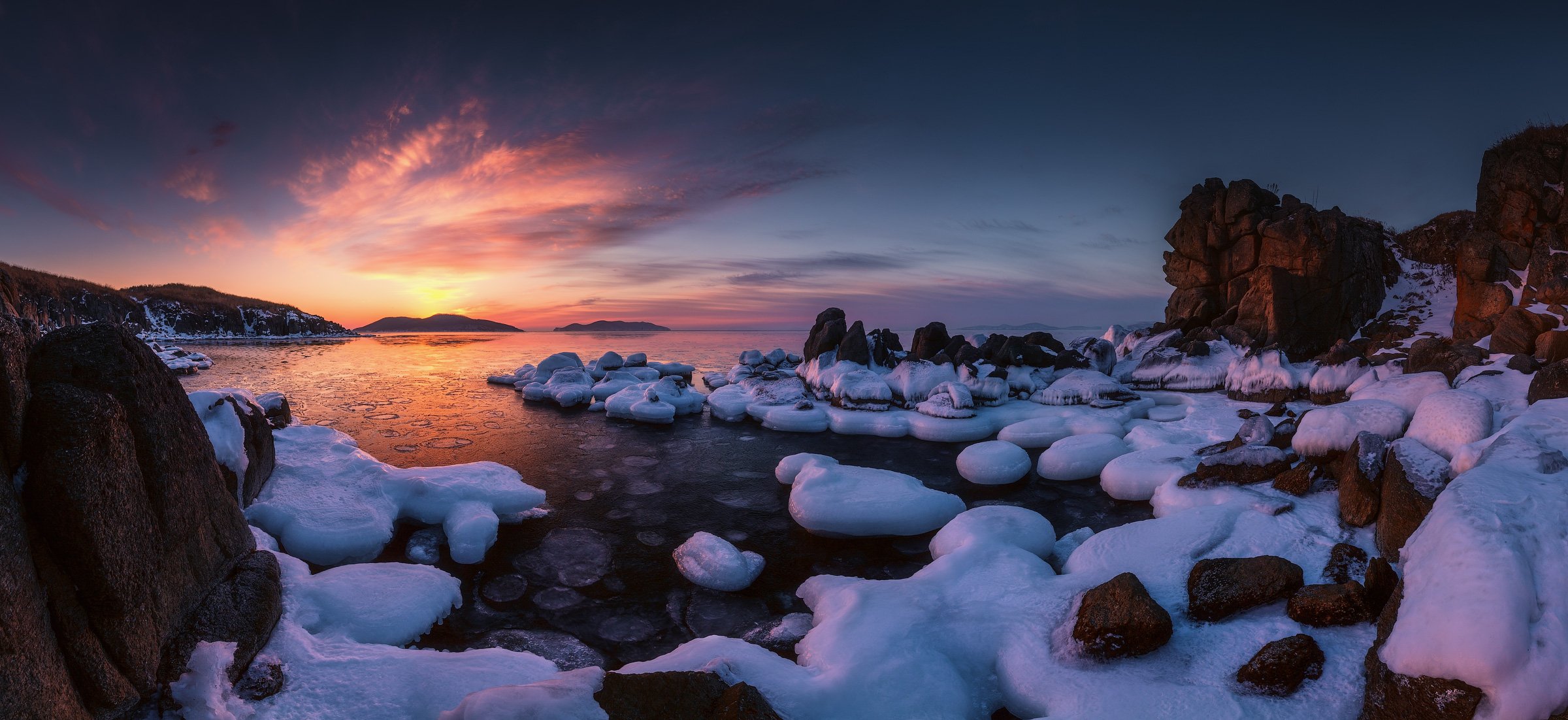 панорама, утро, зима, море, скалы, Андрей Кровлин