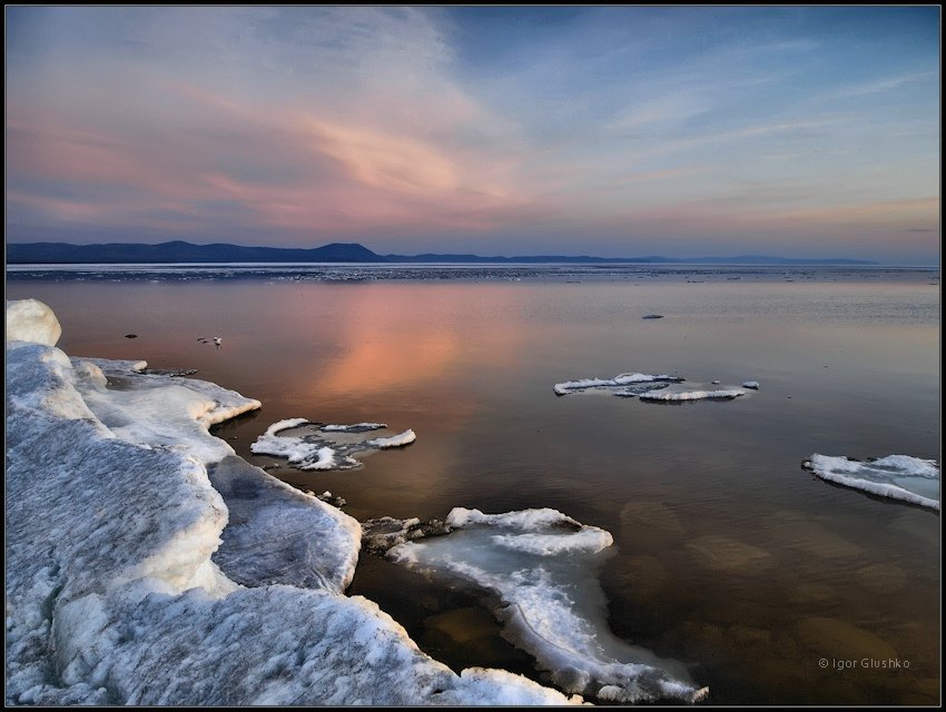 байкал, закат, весна, лед, вода, льдины, Игорь Глушко