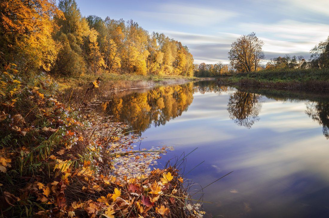 autumn, river, reflections, leaves, colours, long exposure, Justinas Kondrotas