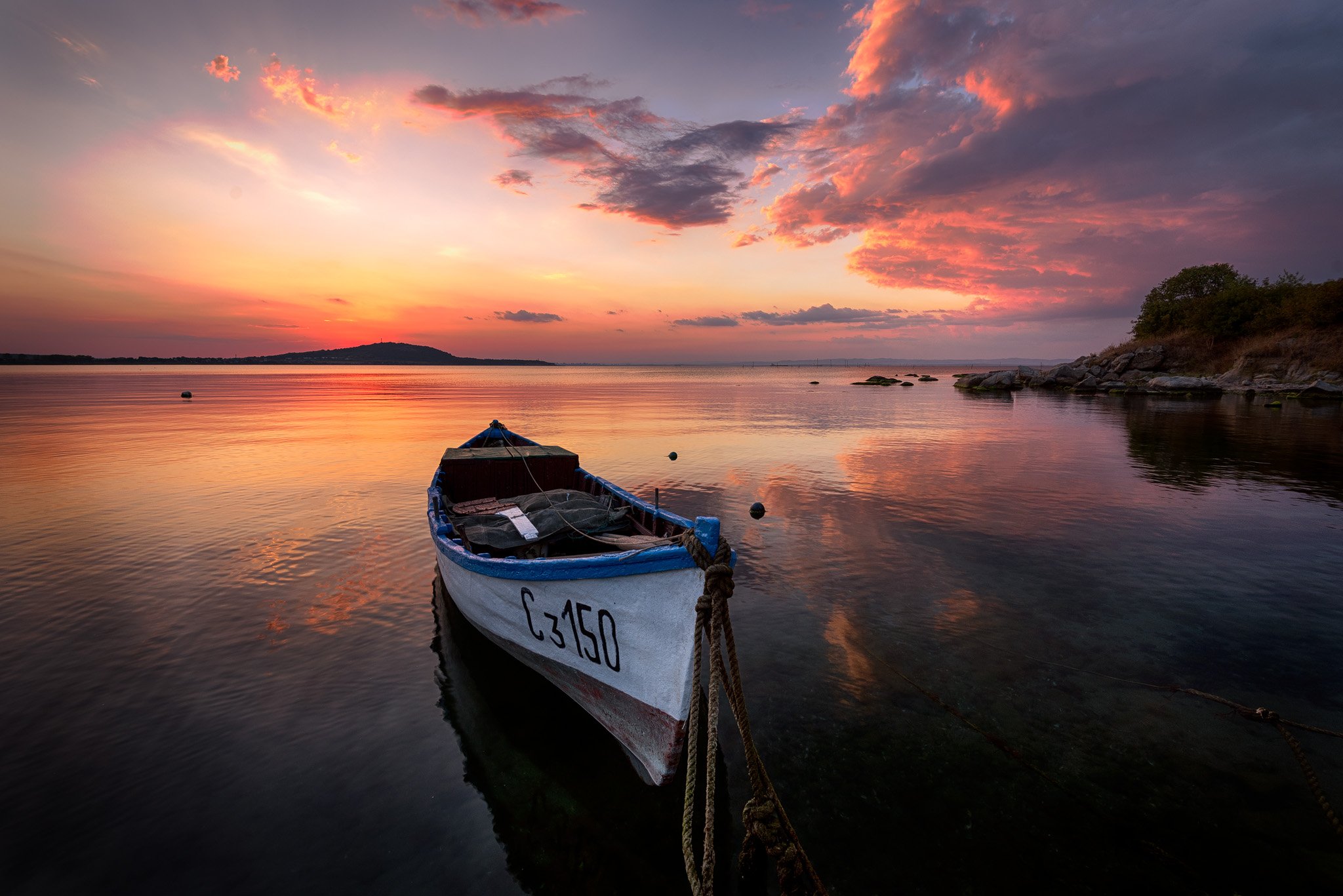 boat, sunset, reflections, red, Атанас Донев