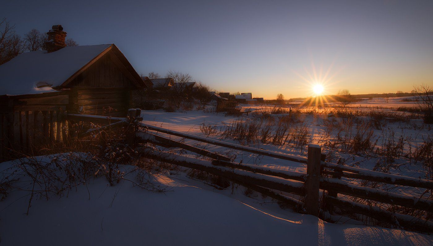 зима, пейзаж, деревня, закат, вечер, Олег Белый