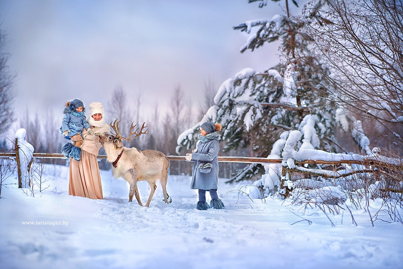 северный олень, две сестрички, мама с доченьками, зимняя прогулка, зимняя сказка, в зимнем лесу,, Татьяна