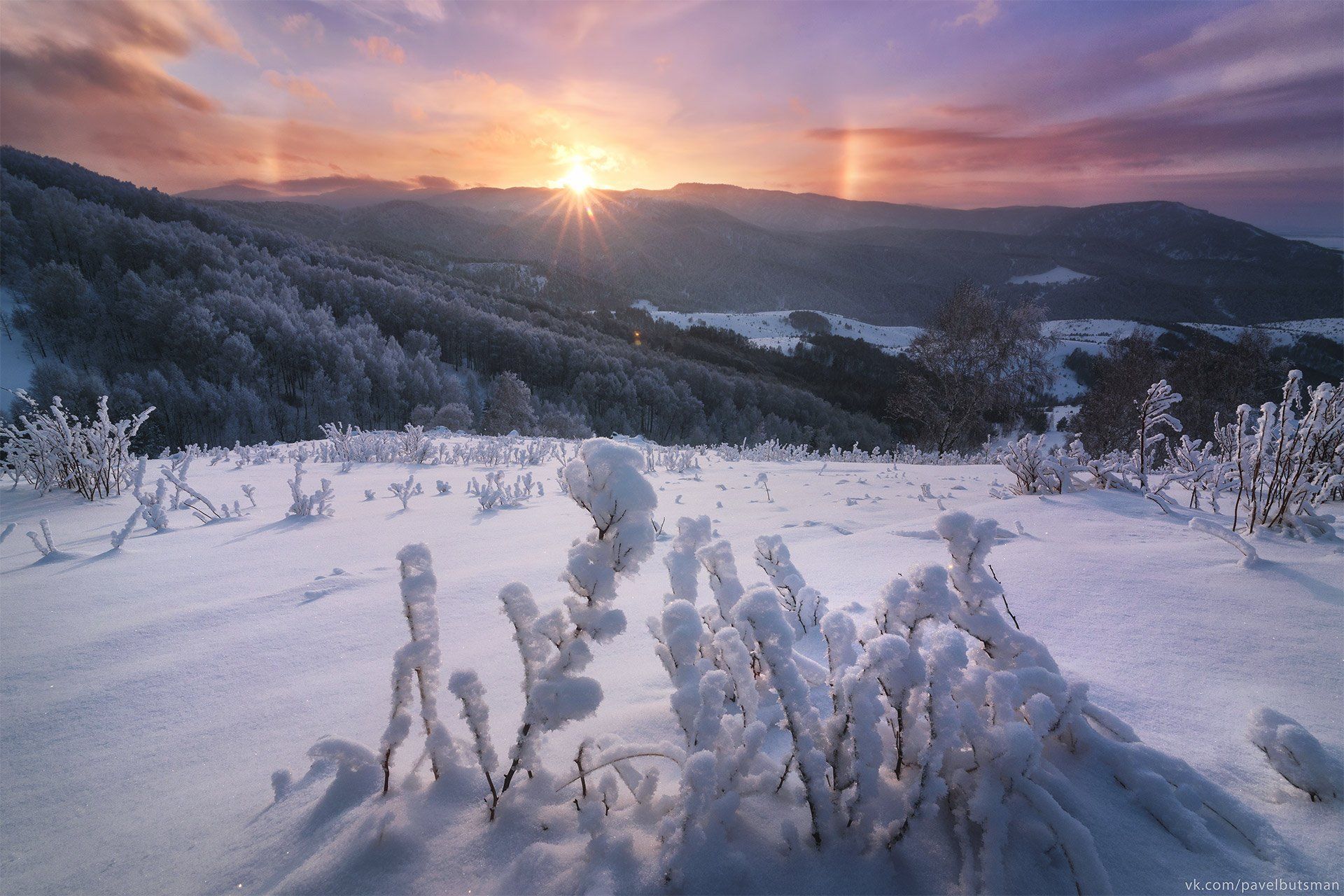 алтай, зима, закат, солнце, горы, снег, небо, лес, Павел Силиненко