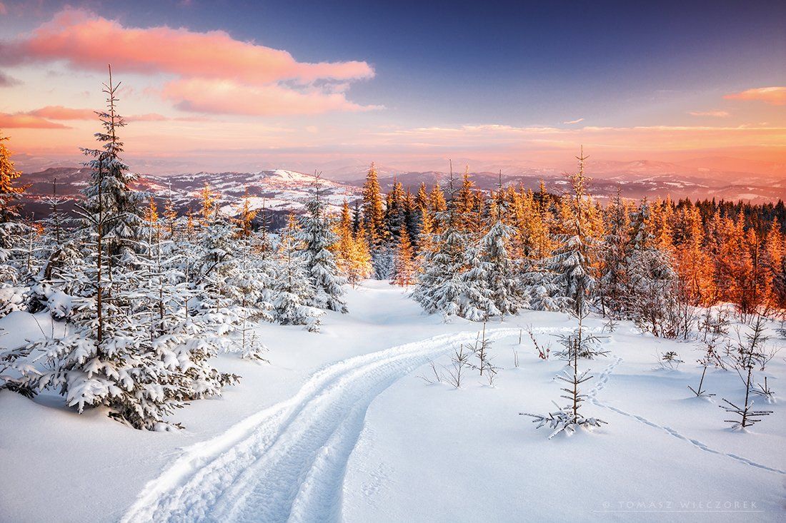 frozen, winter, snow, light, sunset, poland, mountains, route, orange, Tomasz Wieczorek