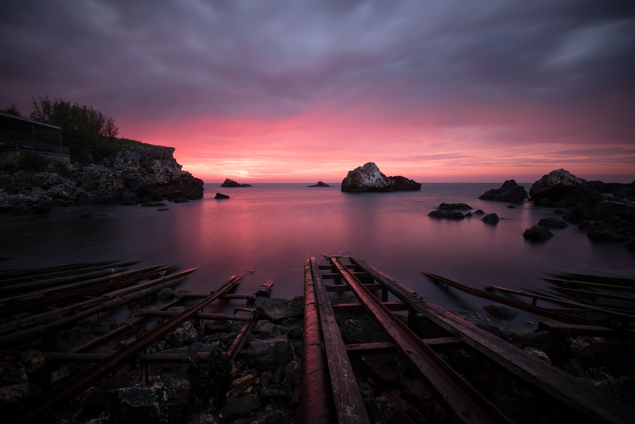 sunrise, bay, sea, rails, Атанас Донев