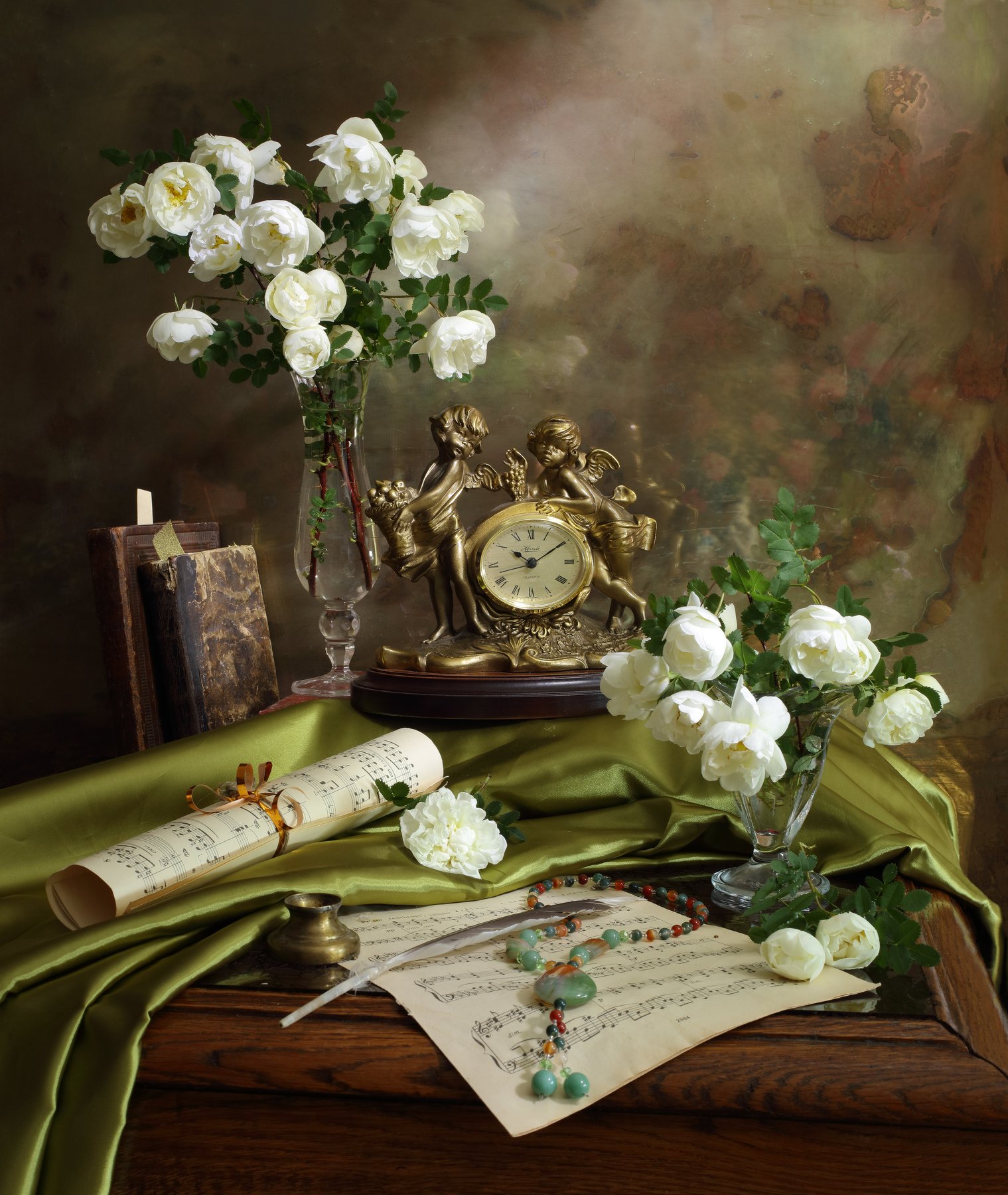 цветы, розы, часы, книги, Андрей Морозов