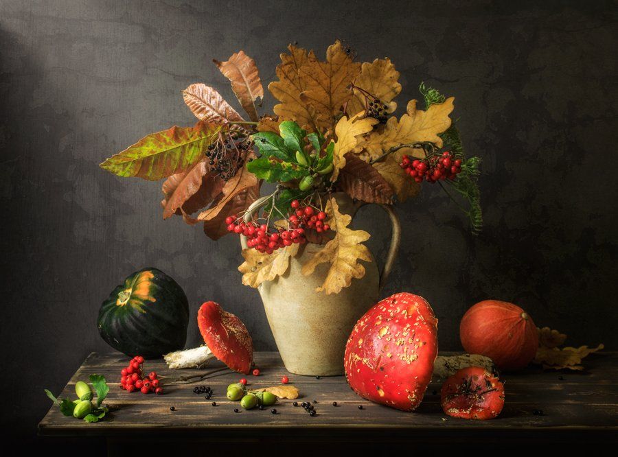 натюрморт, грибы, мухоморы, осенние листья, осень, Anyuta Gillespie