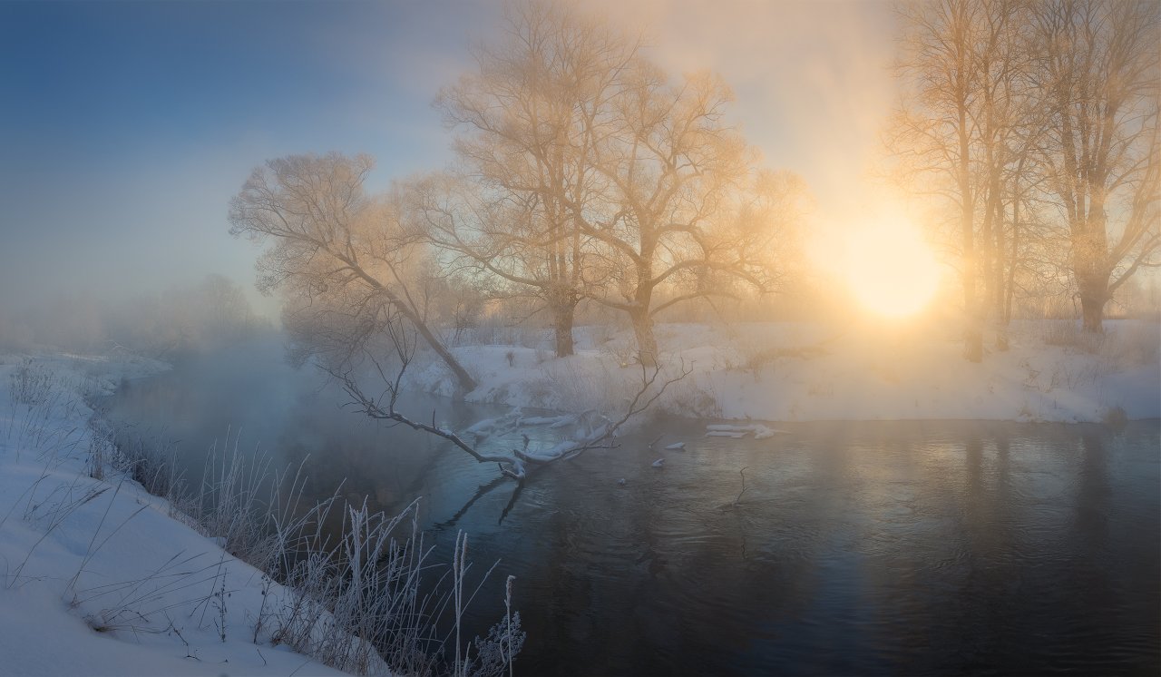 утро, туман, рассвет, пейзаж, зима, мороз, река, истра, холод, иней, фото, пейзажное фото, Жмак Евгений