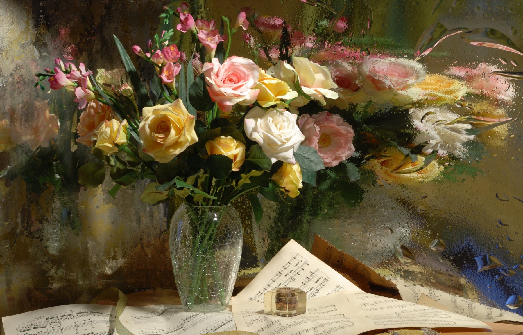 цветы, розы, букет, отражение, зеркало, Андрей Морозов