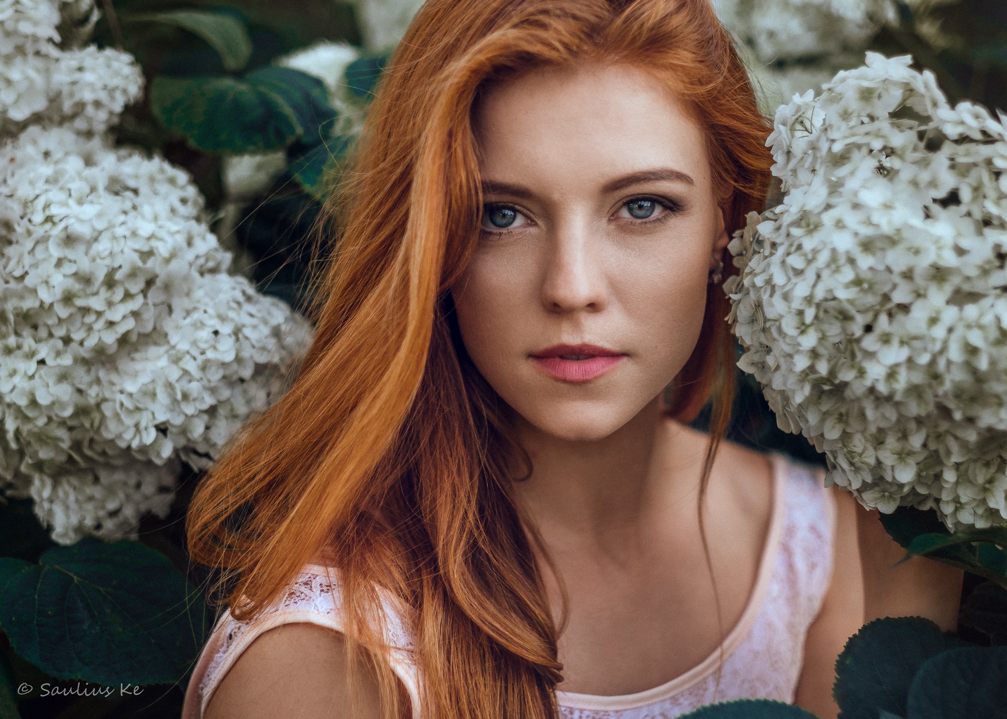 girl, female, pretty, portrait, redhead, flowers, Saulius Ke