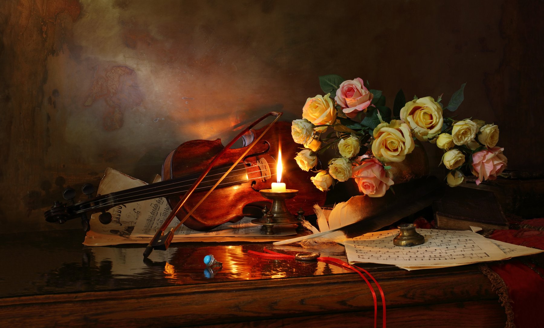 цветы, розы, скрипка, музыка, свеча, Андрей Морозов