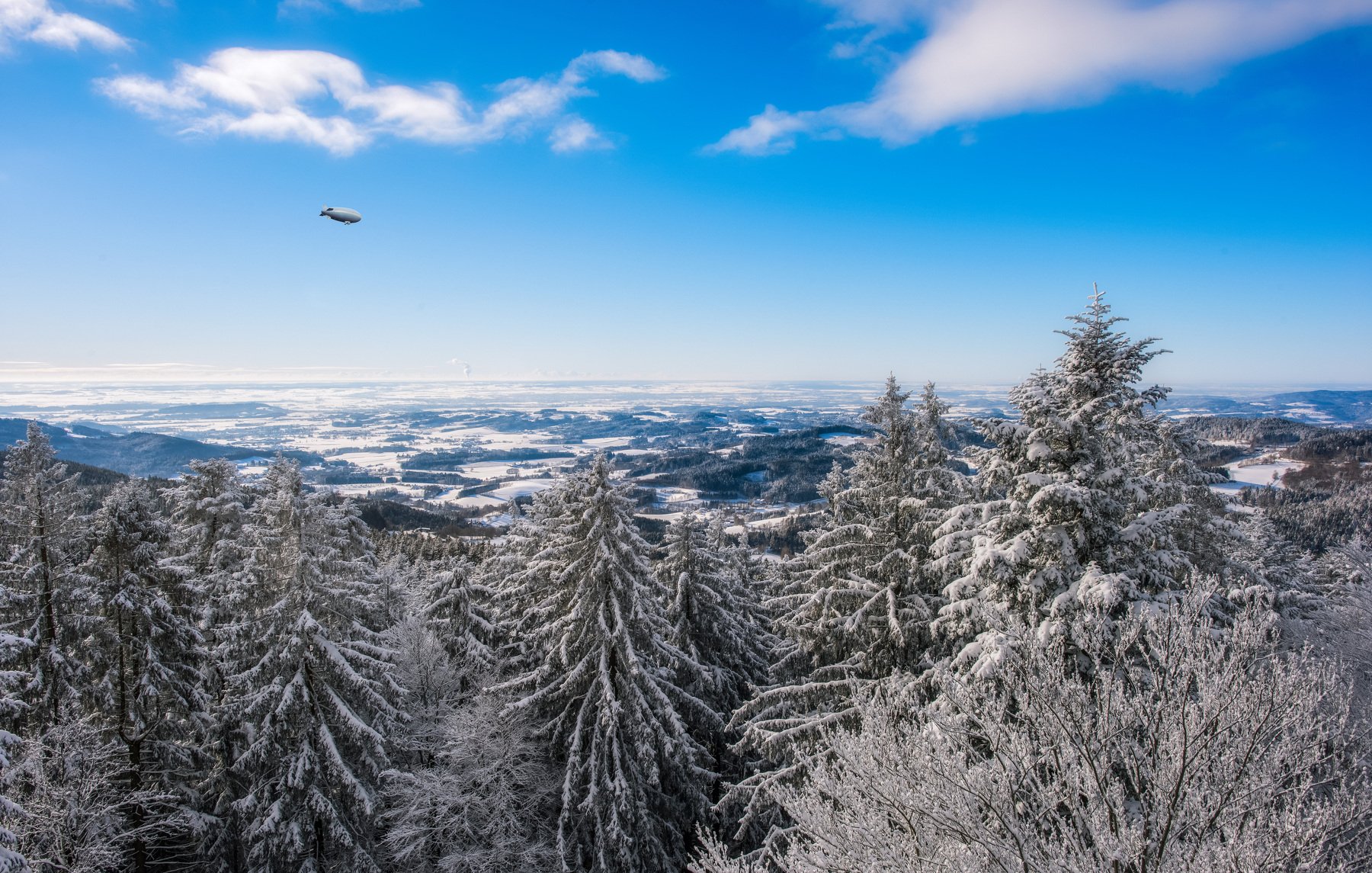 sky, forest, winter, clouds ,snow ,spruce, airship, space, Сергей Нестеров