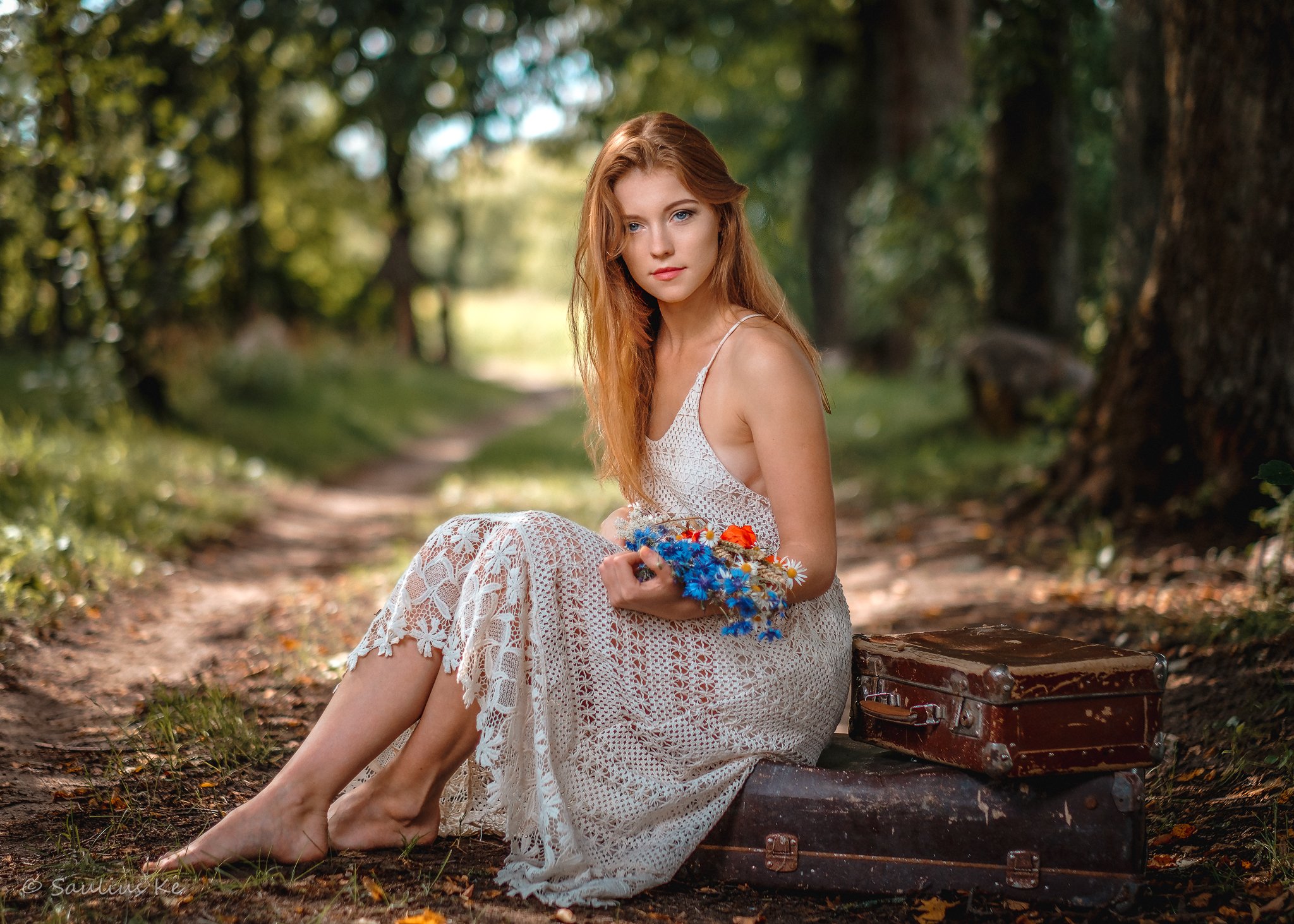 girl, female, pretty, portrait, redhead, flowers, Saulius Ke