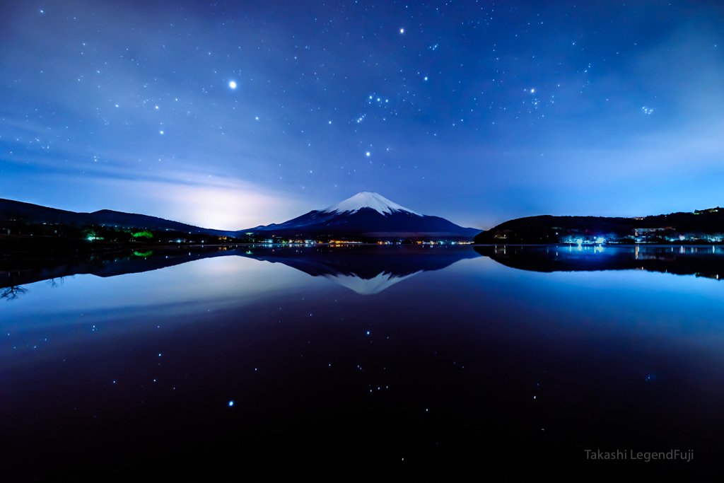 Fuji,Japan,mountain,Orion,star,lake,water,night,reflection,, Takashi