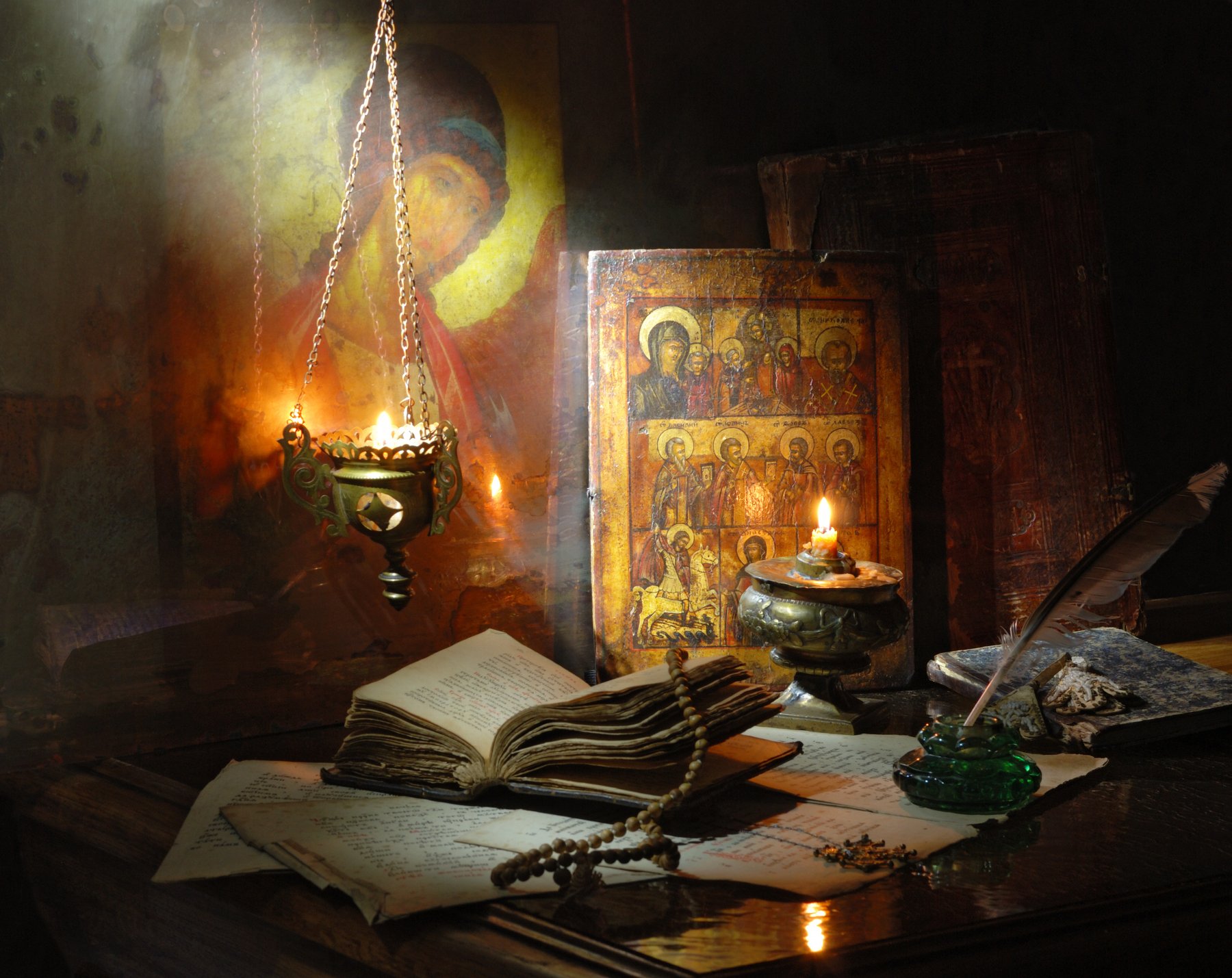иконы, свечи, свет, книги, религия, Андрей Морозов