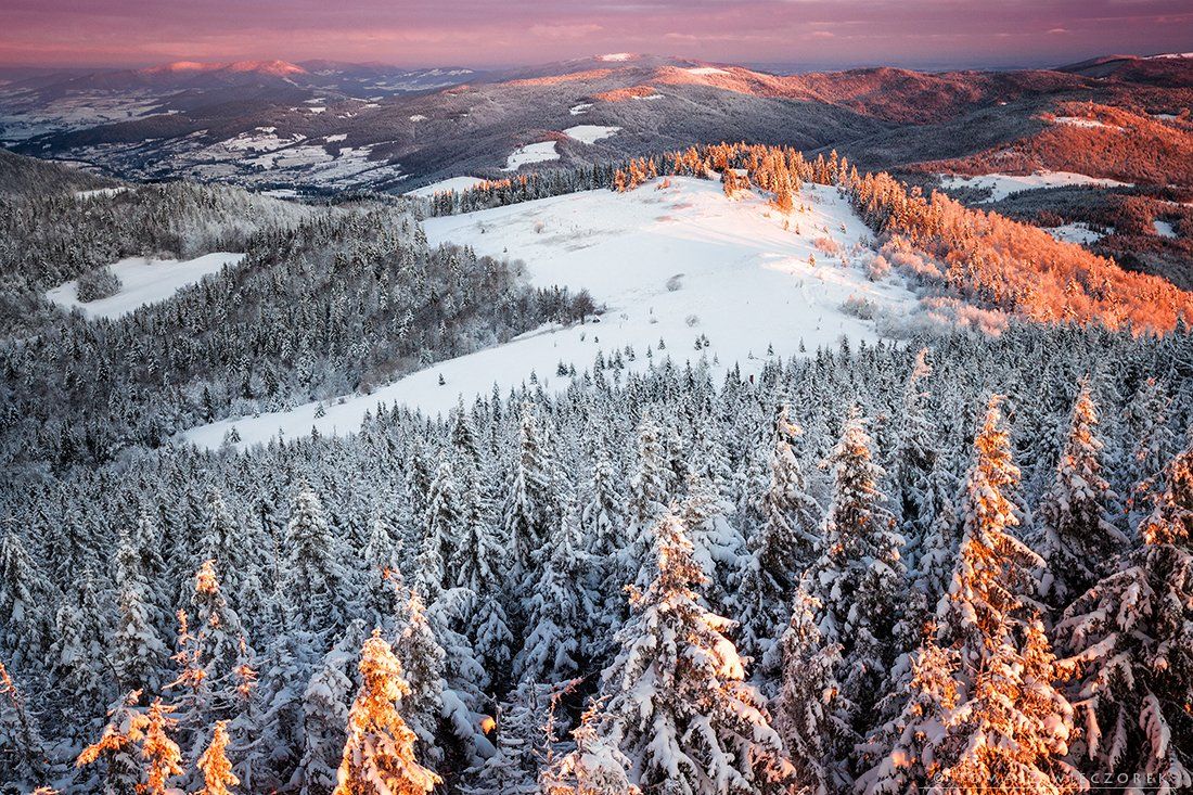 sunrise, poland, mountains, gorce, light, snow, winter, orange, Tomasz Wieczorek