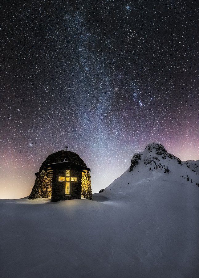stars, Bulgaria, night, milky way, church, snow, winter, Ivan Miladinov