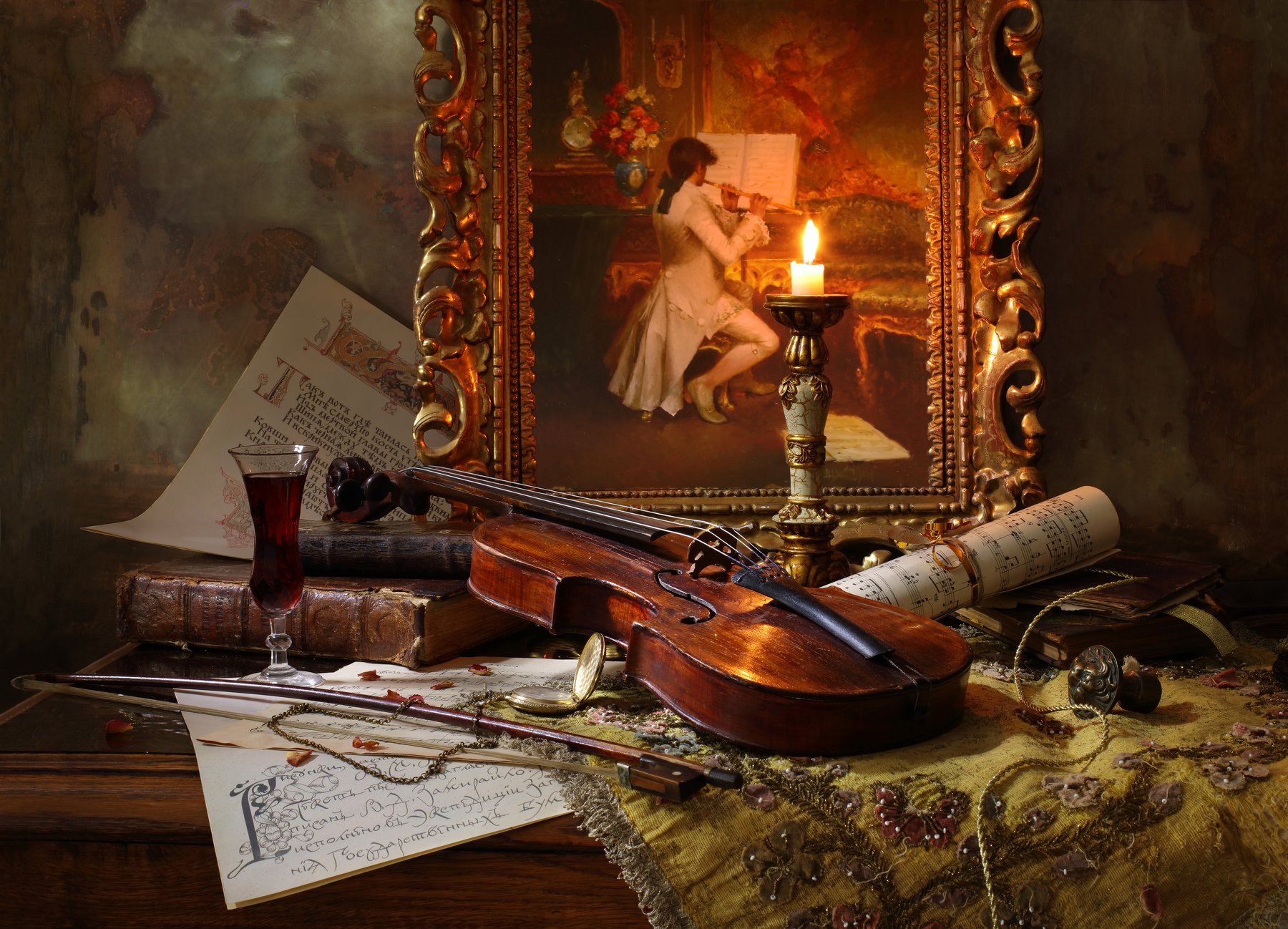 скрипка, музыка, свеча, картина, Андрей Морозов