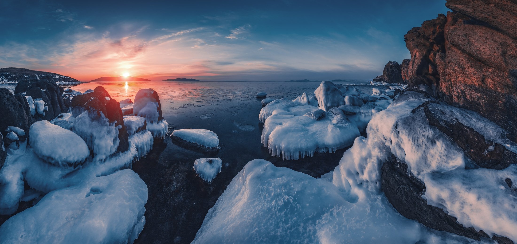 панорама, утро, зима, море, скалы, Андрей Кровлин