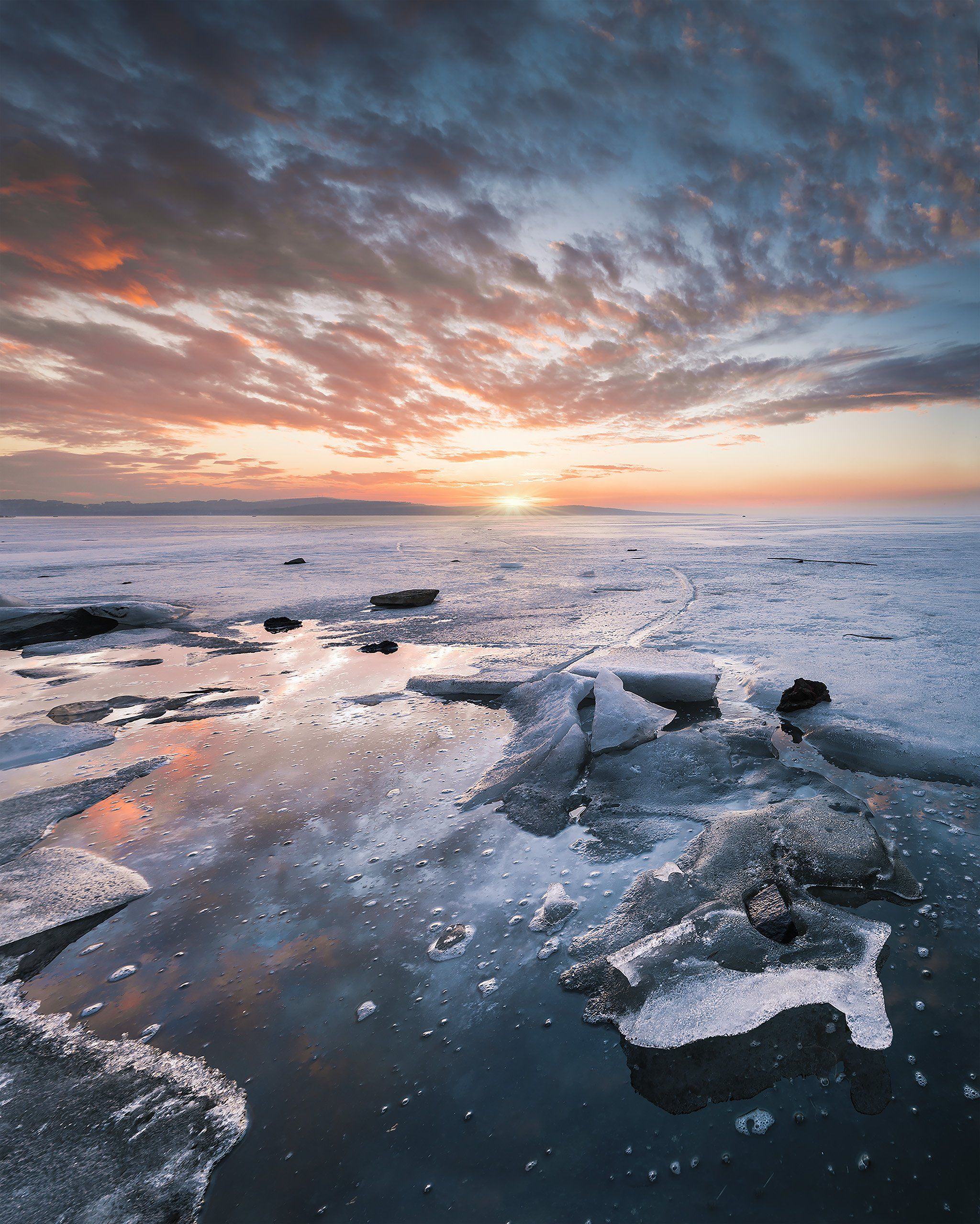sunset, winter, ice, lake, water, sky, nature, landscape, Jeni Madjarova