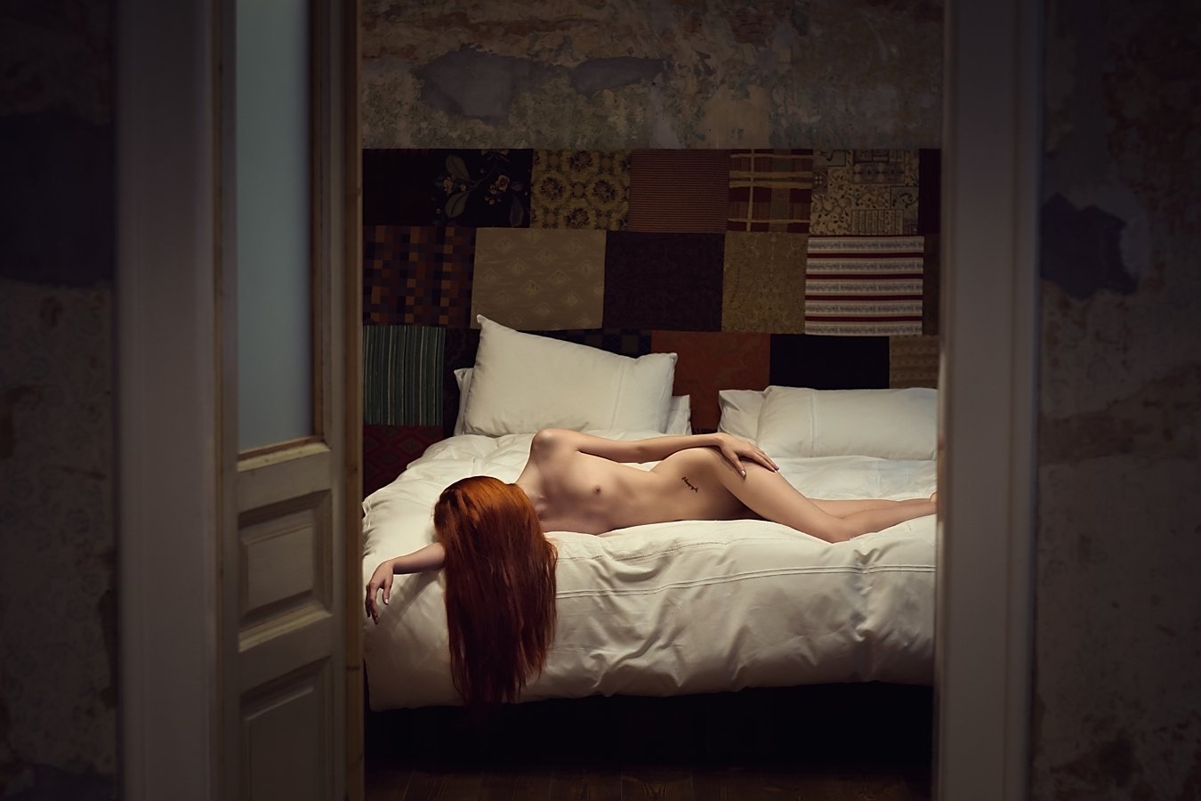 model, nude, naked, glamour, woman, female, color, body, sexy, sensual,  curves, erotica,  fine art, legs, people, red hair, bedroom, boudoir, light,, Lajos Csáki