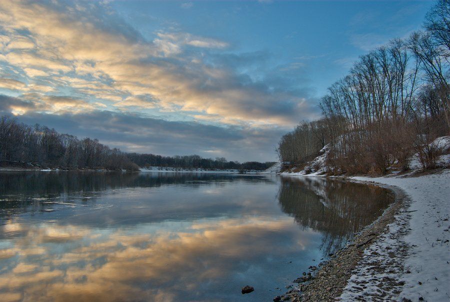 зима, река, облака, отражение, Andrew (a-never) Nitsenko