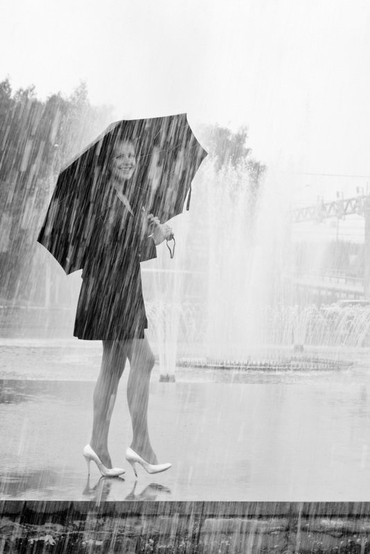 rain, girl, b&w, black, white, water, Alexey Shiryavsky
