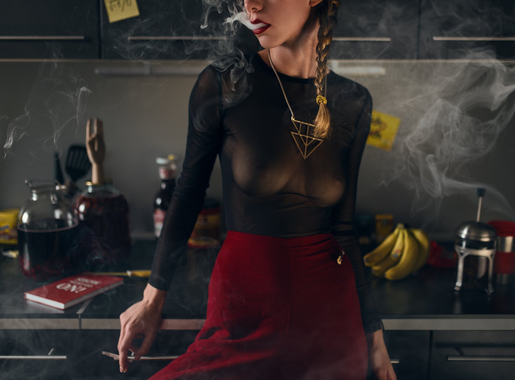 girl, nude, kitchen, at home, colour, red, yellow, smoke, smoking, cigarette, russian, russia, ufa, Роман Филиппов