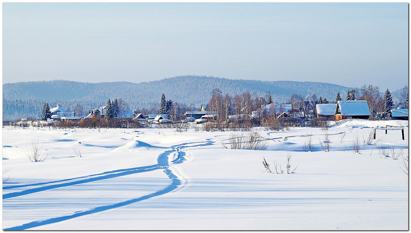 пейзаж, зима, утро, дома, снег, Александр Потапов