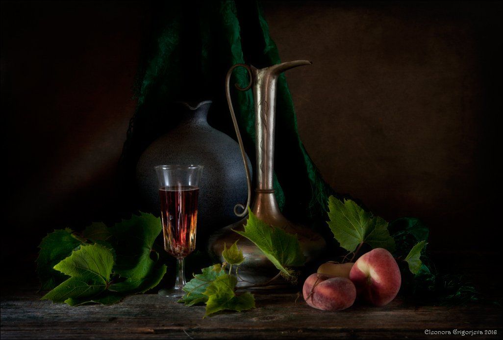 натюрморт, вино, кувшин, персики, Eleonora Grigorjeva