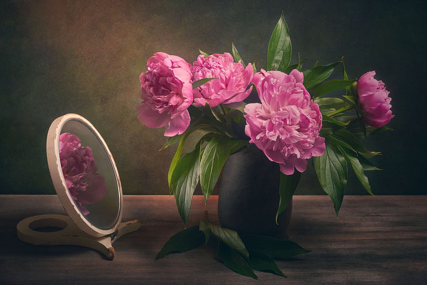 пионы, пион, цветы, букет, ваза, зеркало, отражение, стол, Игорь Токарев