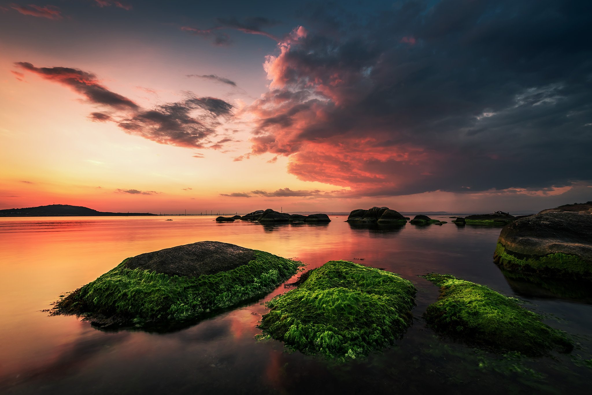 sunset, sea, rock, mood, landscape, seascape, green, seaweed, Jeni Madjarova