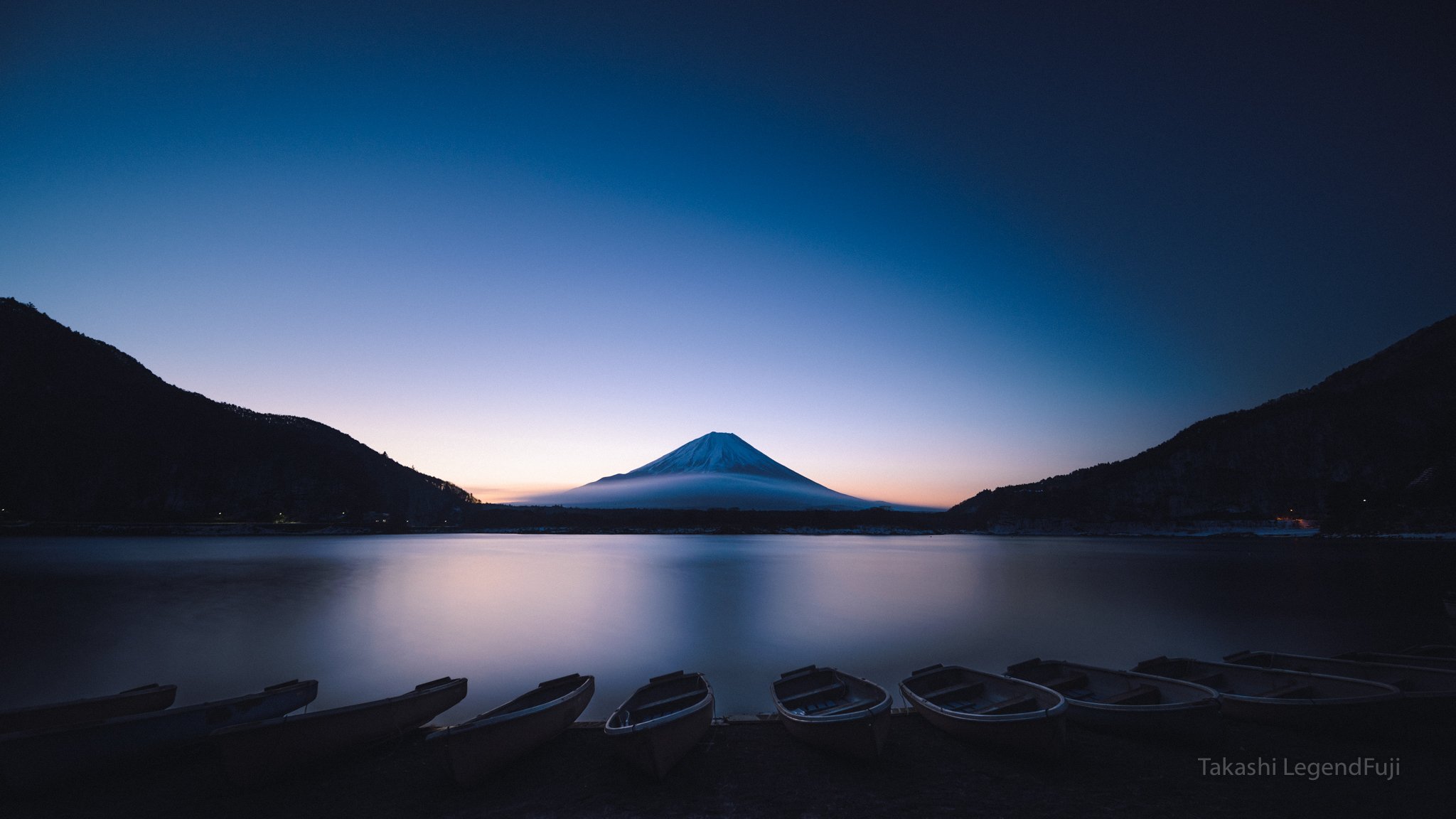 fuji,mountain,Japan,lake,water,dawn,boat,blue,sky,, Takashi