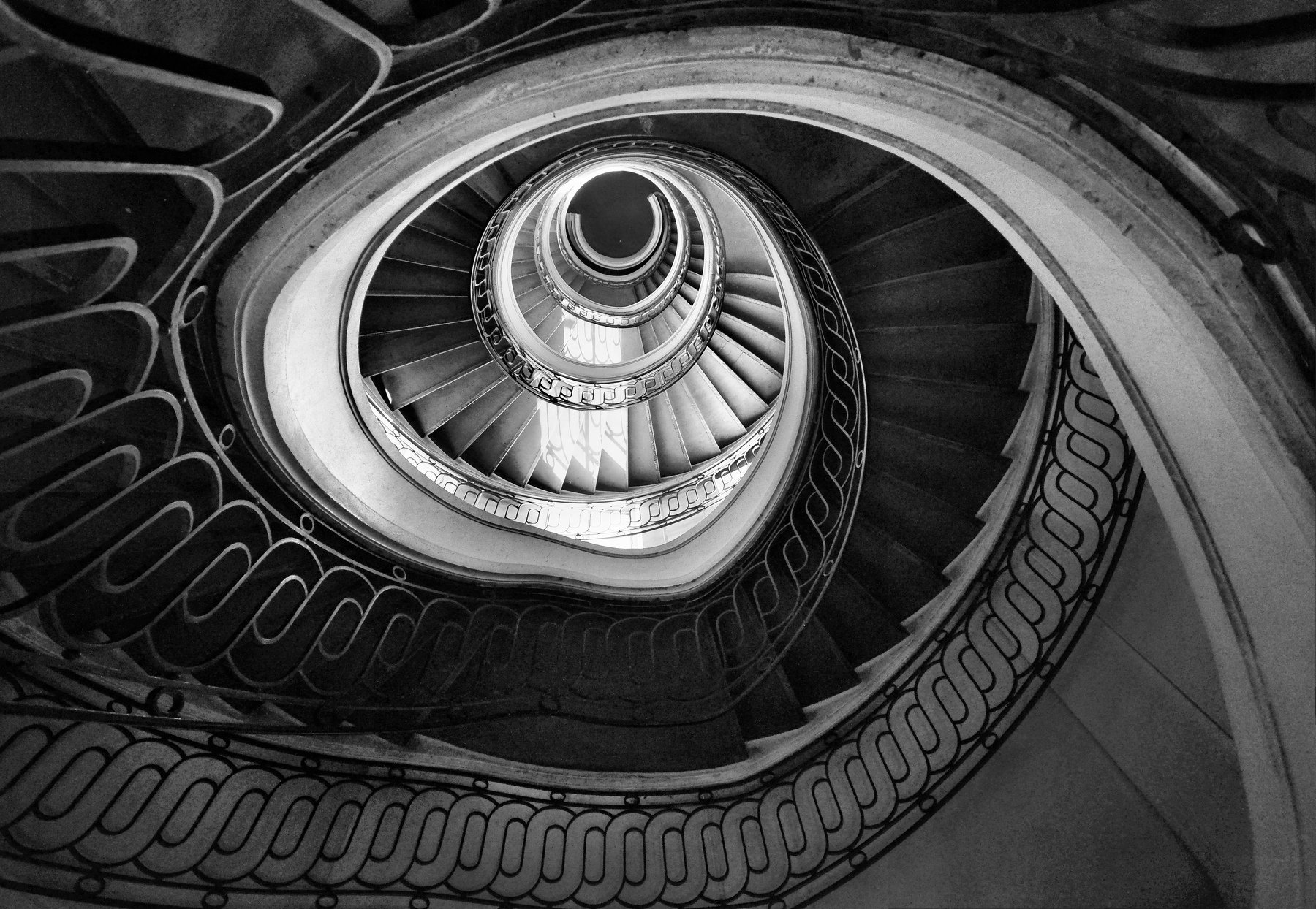 staircase, architecture, spiral, france, paris, interior, serpent, depth, black and white, Nikolai Endegor