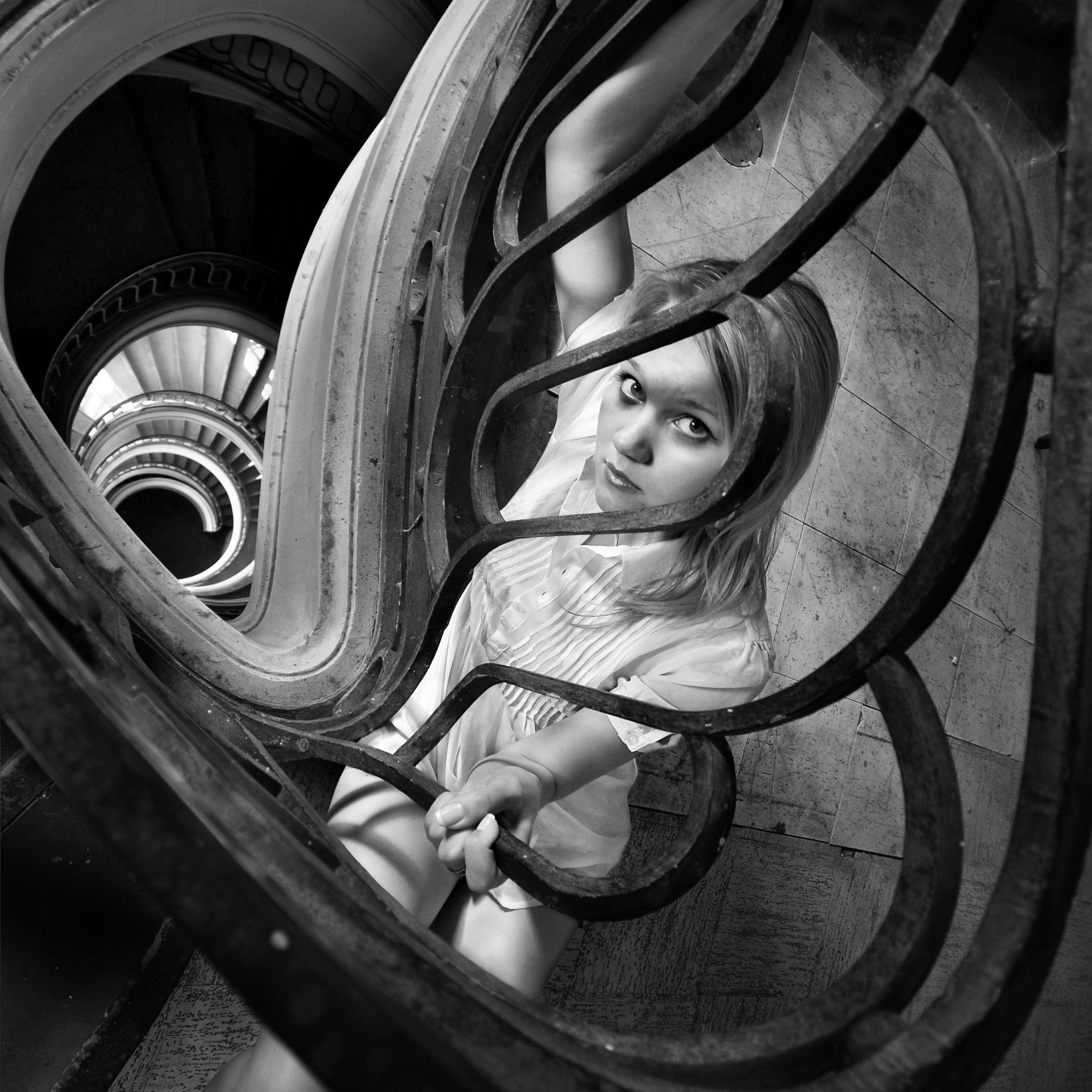 girl, staircase, portrait, contrast, emotive, imprisoned, lattice, depth, Nikolai Endegor