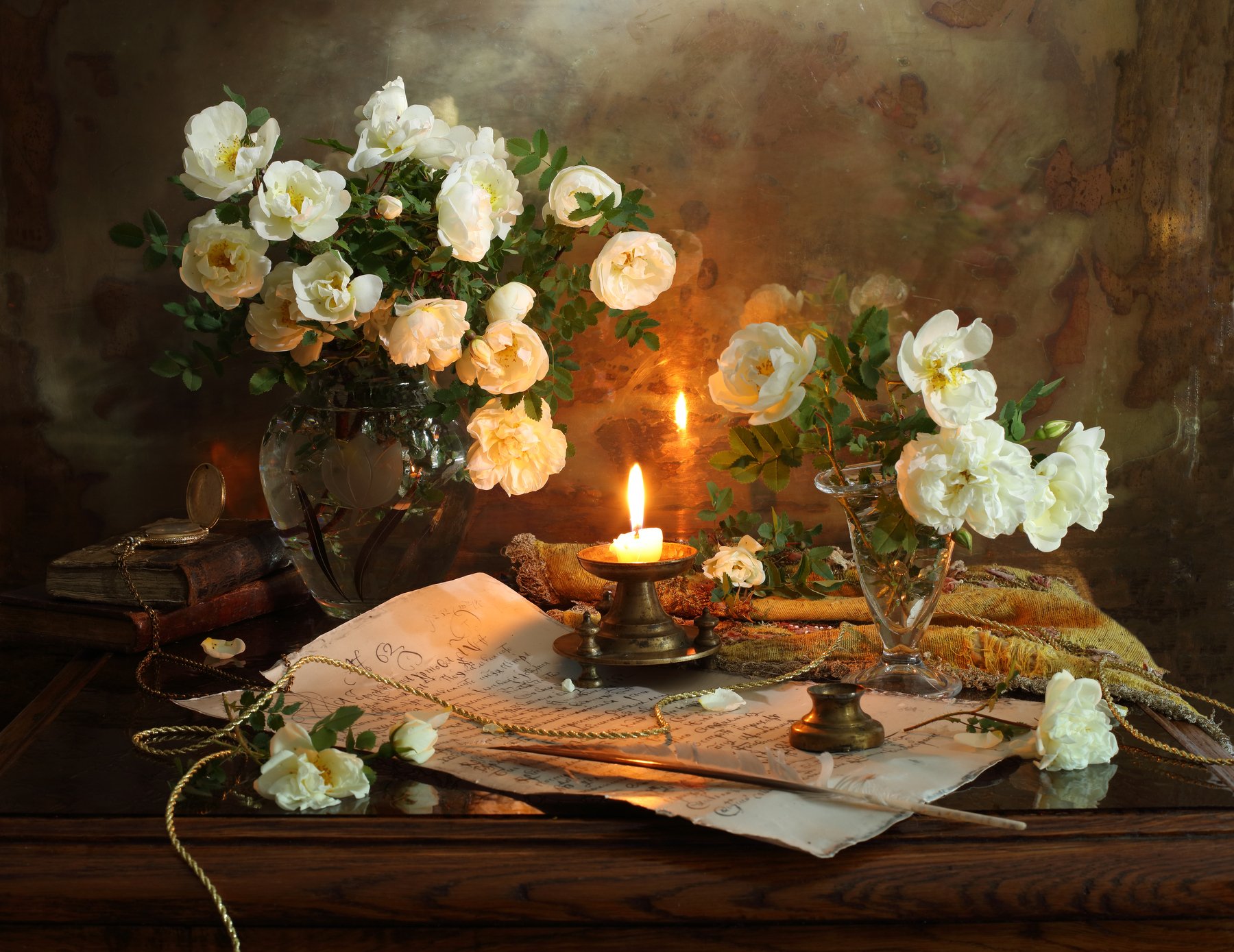 цветы, свеча, розы, книги, Андрей Морозов