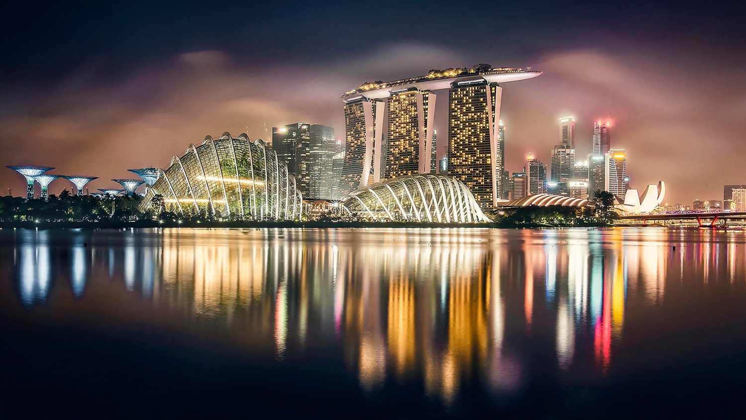 сингапур, город, городской пейзаж, ночь, отражение, Алексей Ермаков