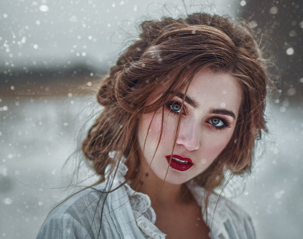 портрет, зима, девушка, красивая, волосы, причёска, снег, взгляд, Дарья Яковенко
