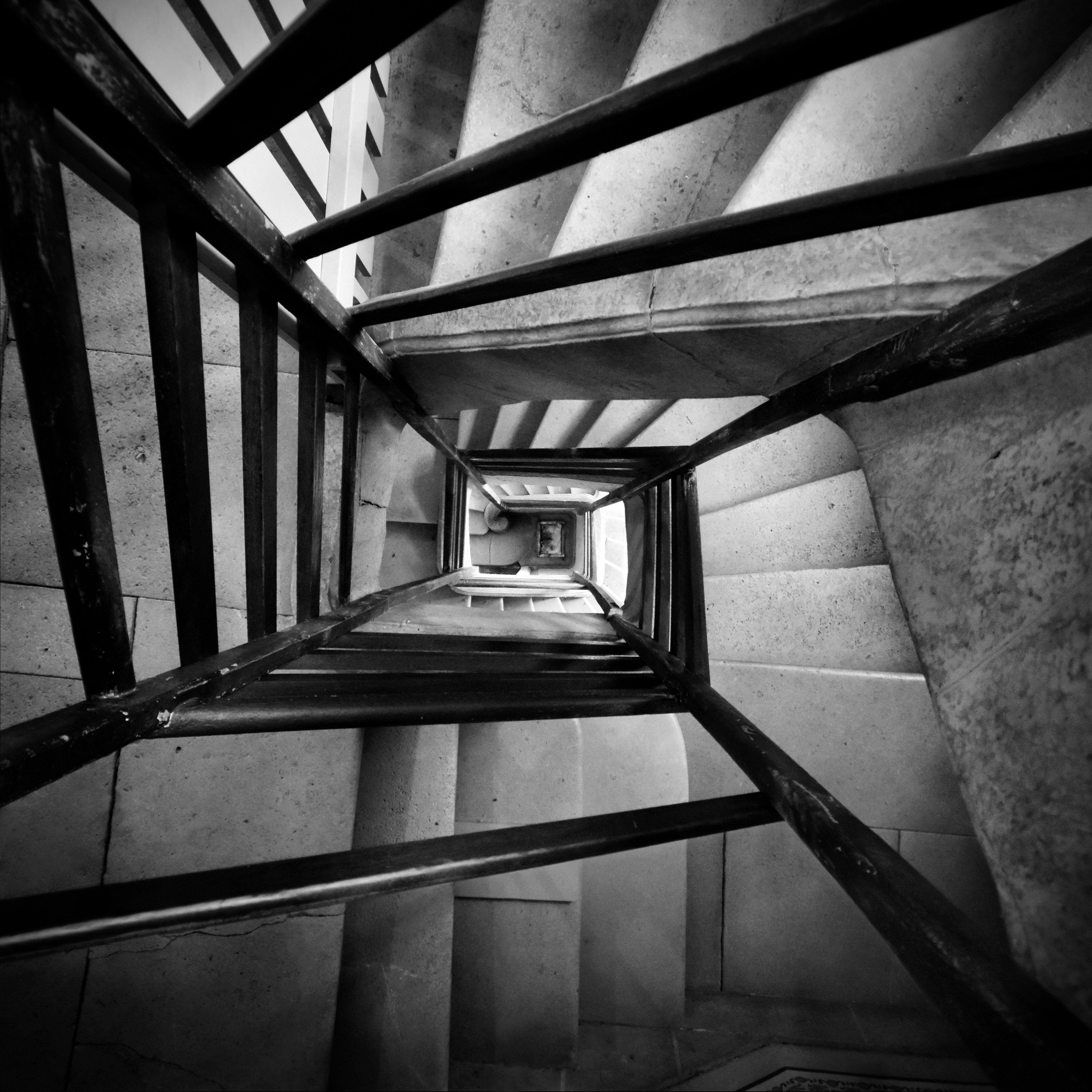 staircase, architecture, france, interior, spiral, depth, black and white, square, circle, geometry, Nikolai Endegor