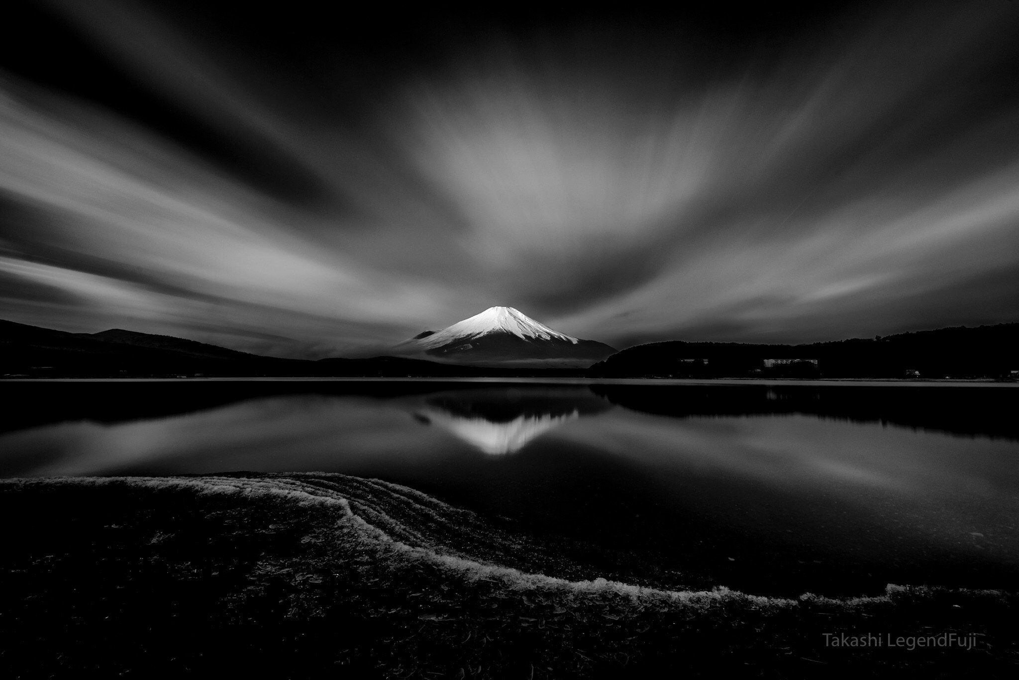 Fuji,Japan,mountain,lake water,ice,cloud,reflection,sky, Takashi
