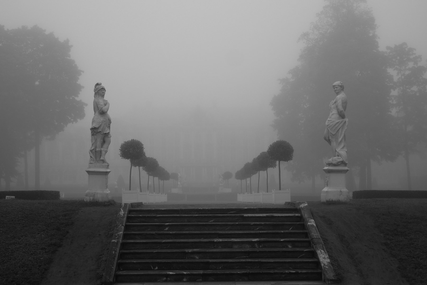 morning, autumn, fog, park, statue, sculpture, alley, palace, Сергей Андреевич