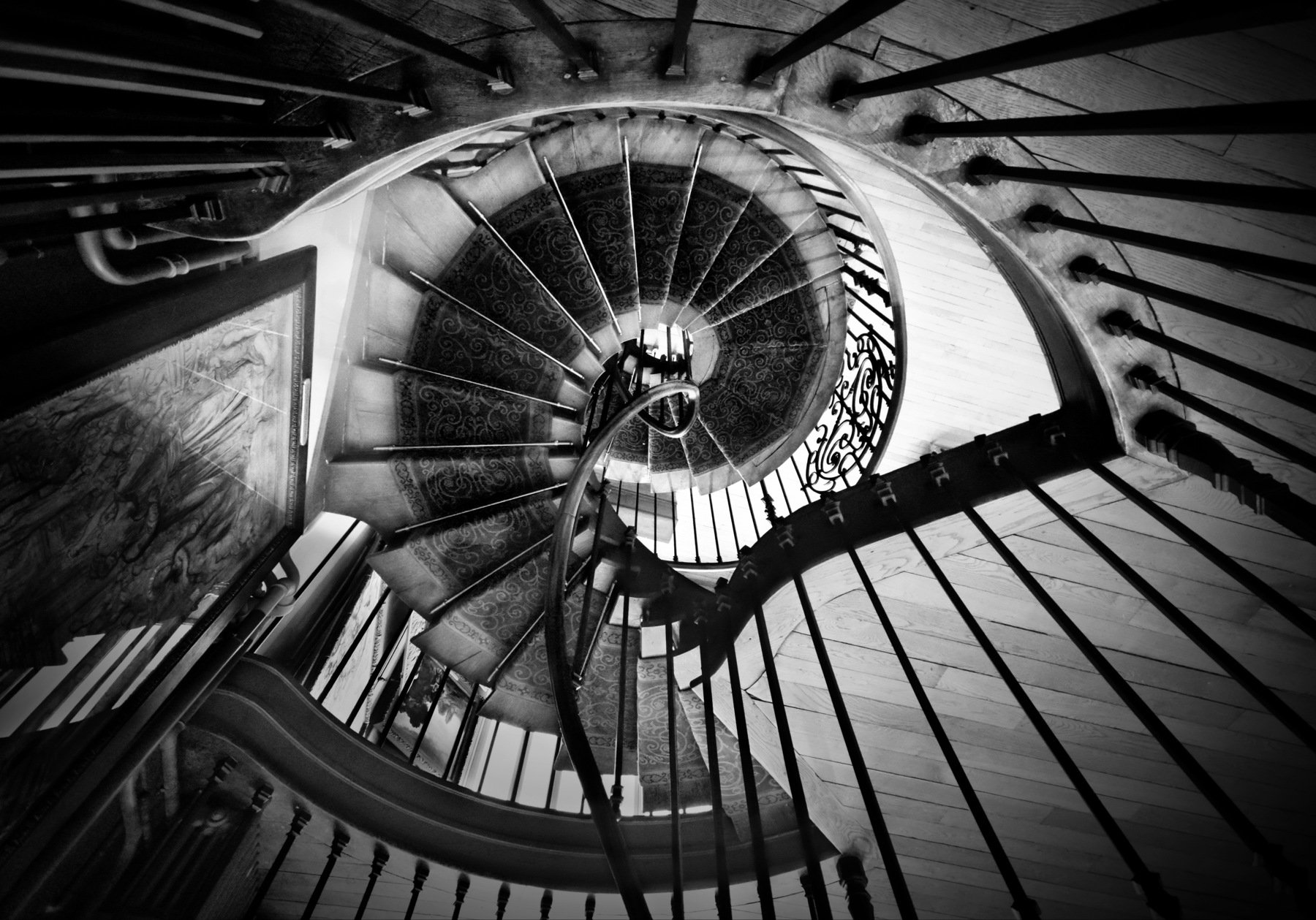 staircase, architecture, paris, interior, spiral, black and white, geometry, associations, Endegor