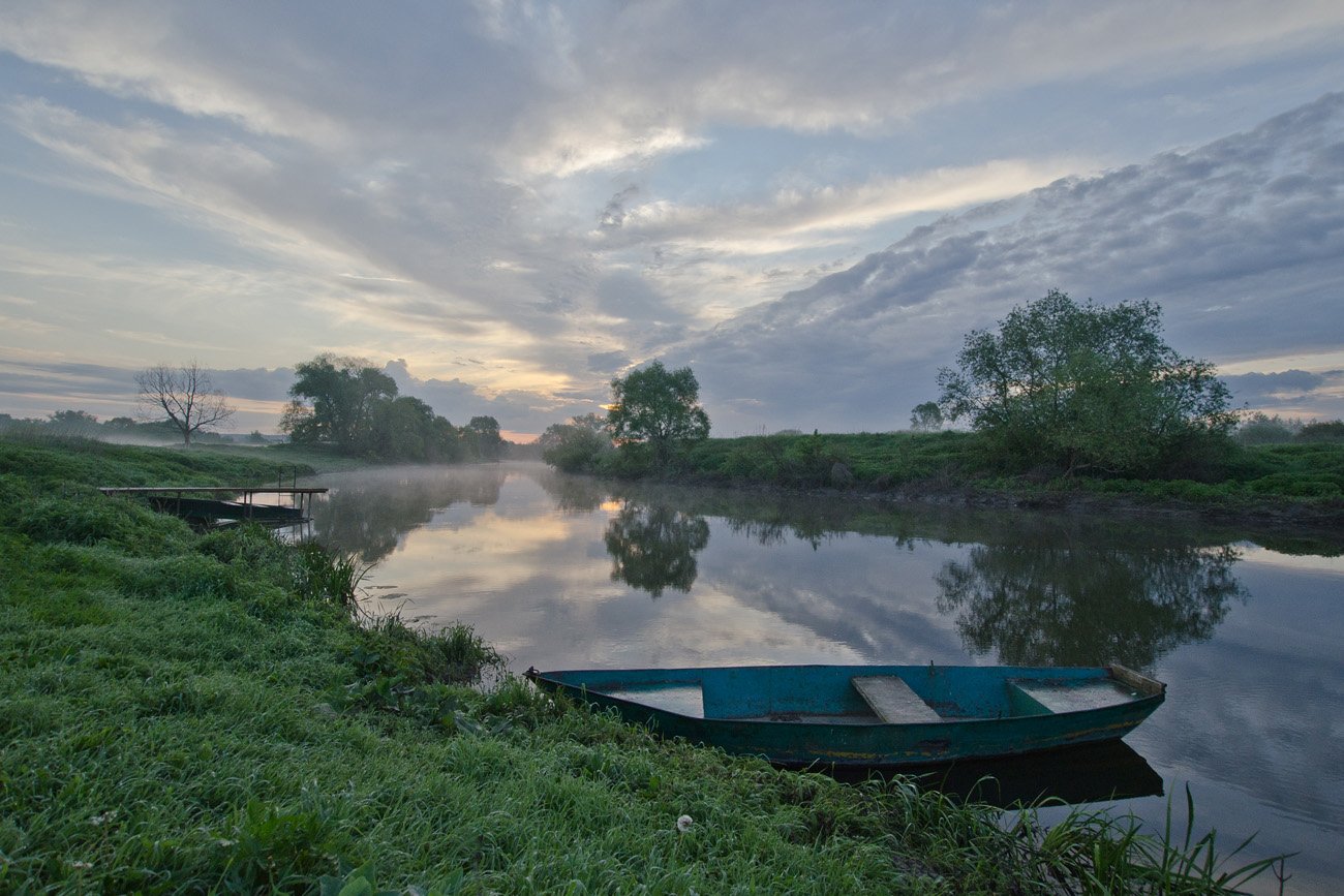 утро пейзаж река упа лодка першино, Михаил Агеев