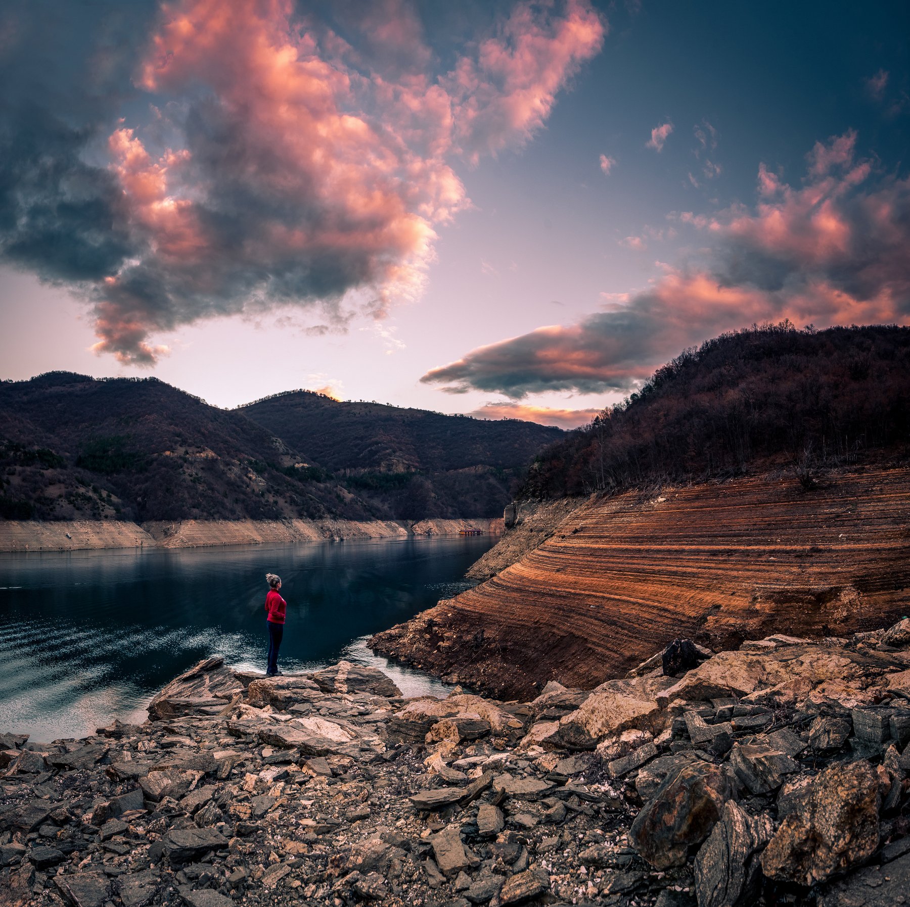 sunset, water, dam, landscape, mountain, Jeni Madjarova