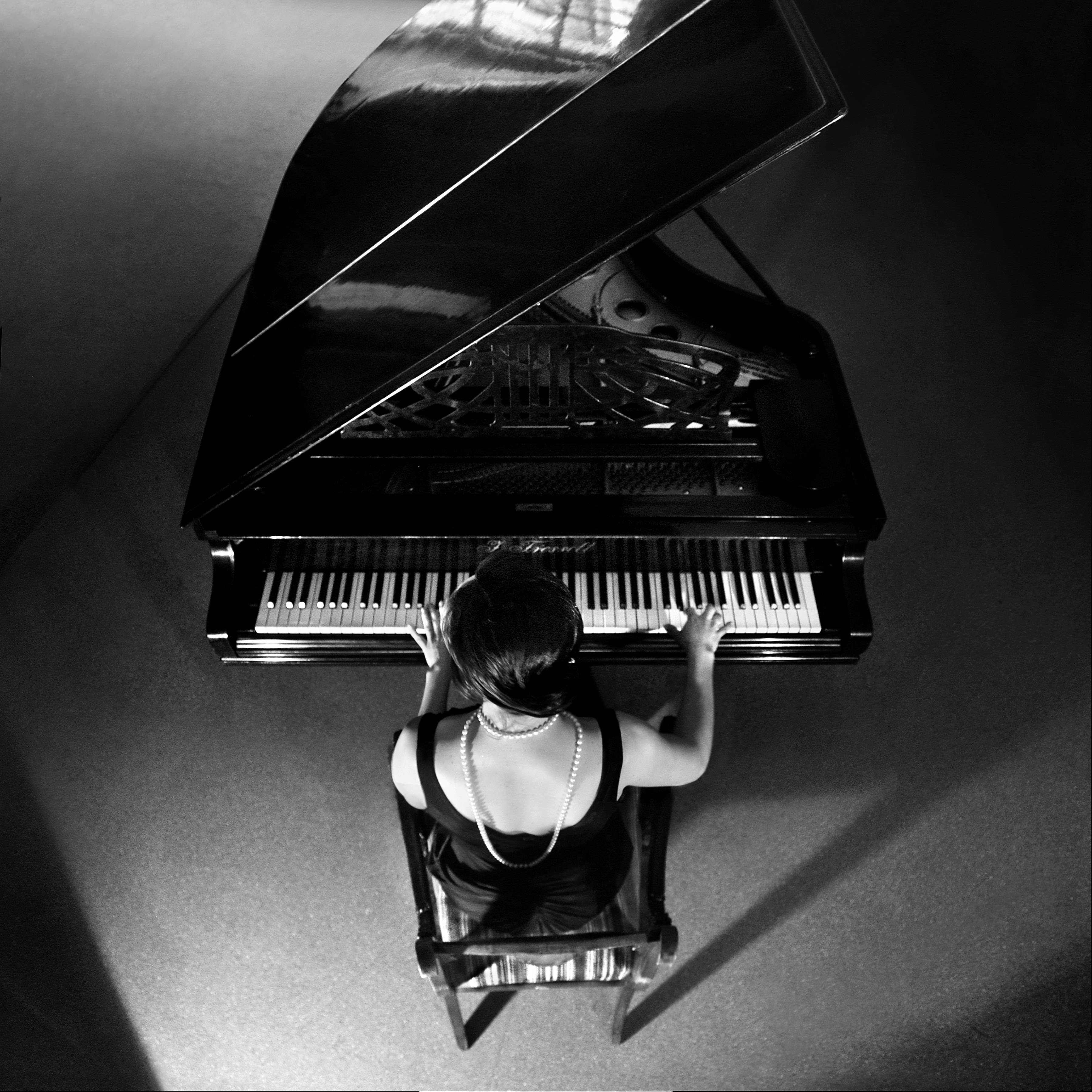 piano, music, pianist, concert, scene, light, black and white, geometry, top view, instrument, back,, Endegor