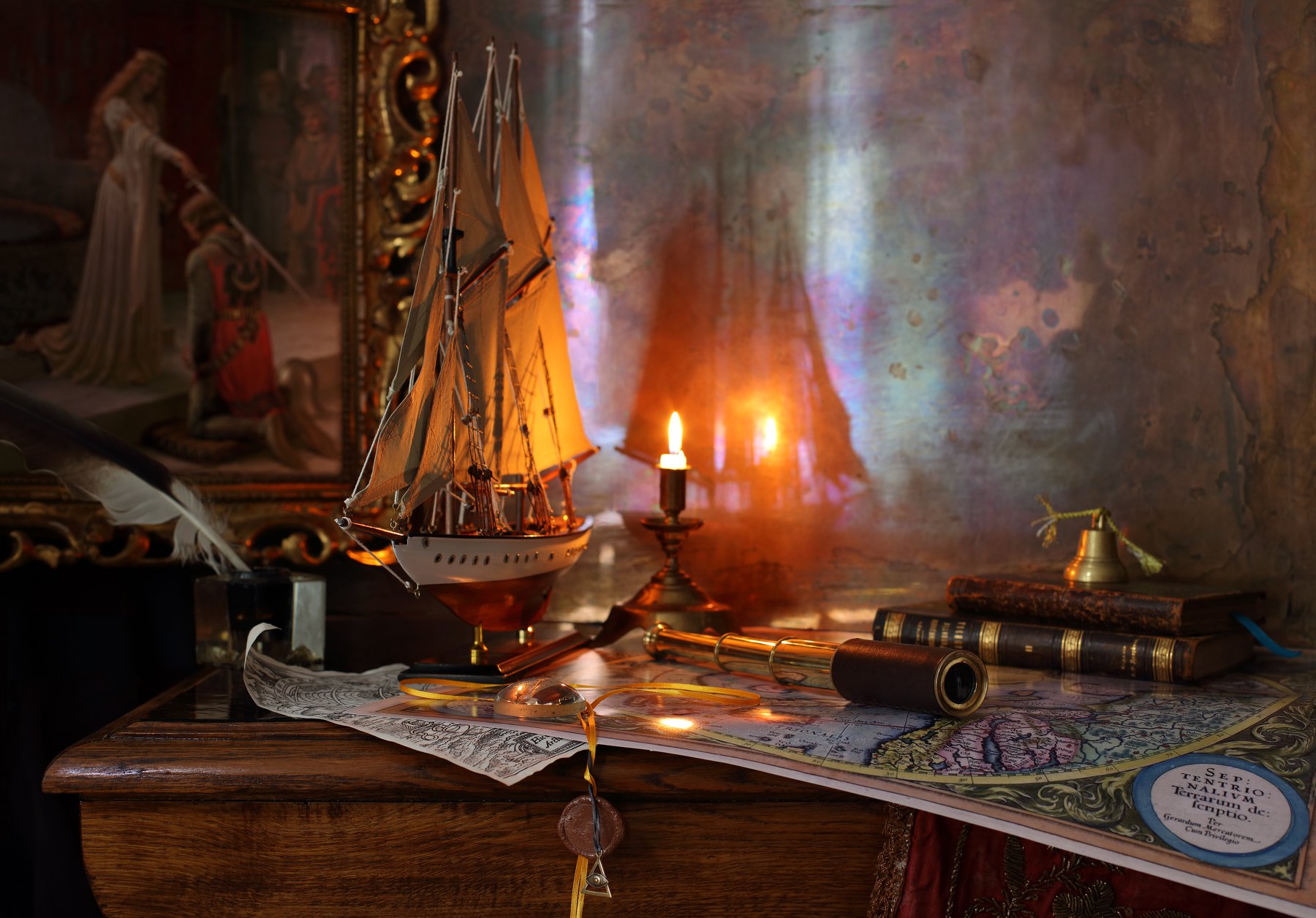корабль, парусник, картина, карта, свет, свеча, книги, Андрей Морозов